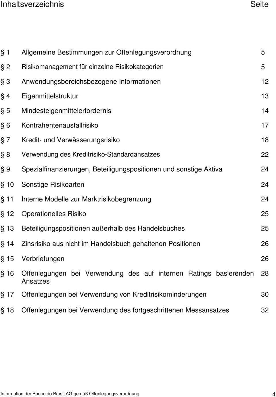 Beteiligungspositionen und sonstige Aktiva 24 10 Sonstige Risikoarten 24 11 Interne Modelle zur Marktrisikobegrenzung 24 12 Operationelles Risiko 25 13 Beteiligungspositionen außerhalb des