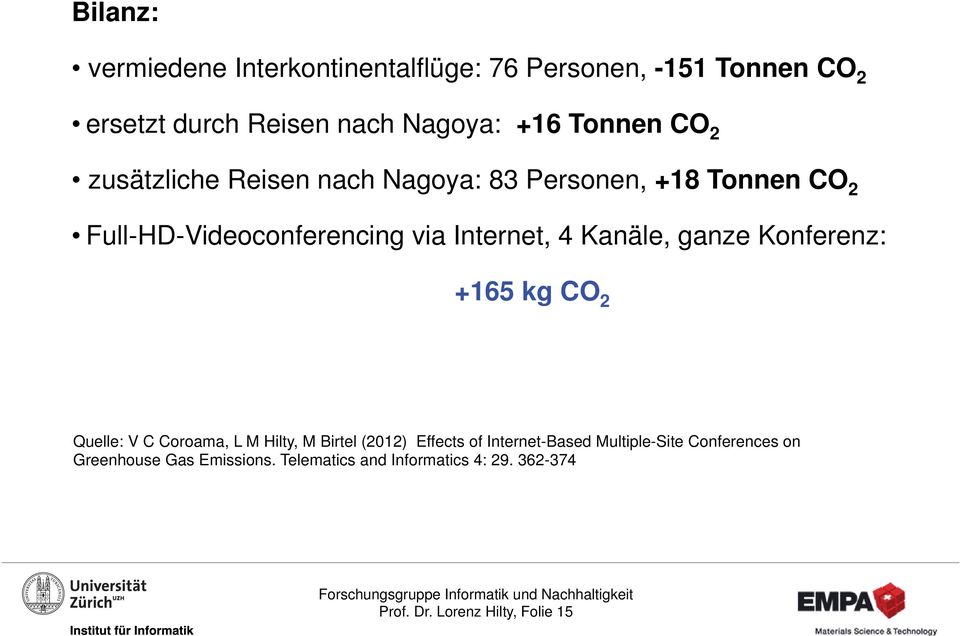 ganze Konferenz: +165 kg CO 2 Quelle: V C Coroama, L M Hilty, M Birtel (2012) Effects of Internet-Based