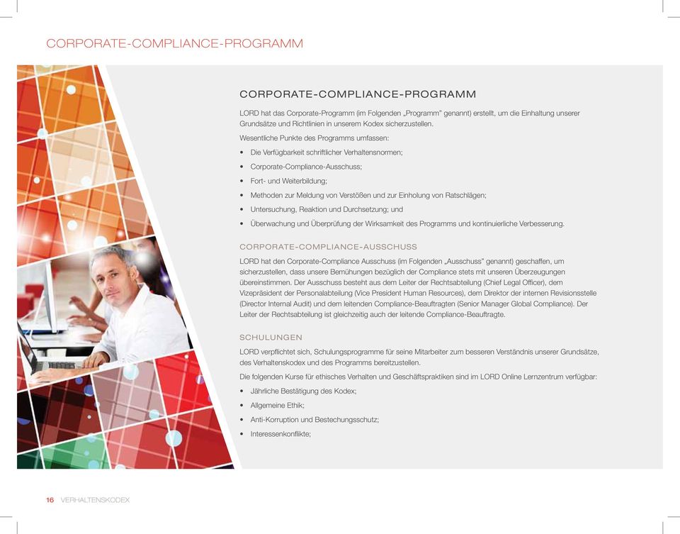Wesentliche Punkte des Programms umfassen: Die Verfügbarkeit schriftlicher Verhaltensnormen; Corporate-Compliance-Ausschuss; Fort- und Weiterbildung; Methoden zur Meldung von Verstößen und zur