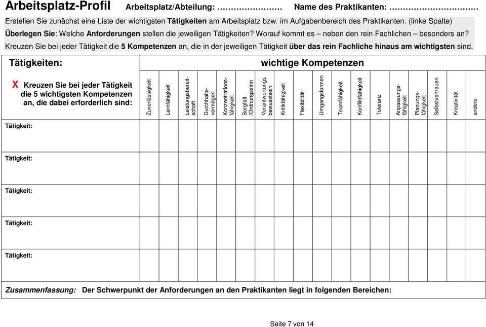 Kreuzen Sie bei jeder Tätigkeit die 5 Kompetenzen an, die in der jeweiligen Tätigkeit über das rein Fachliche hinaus am wichtigsten sind.