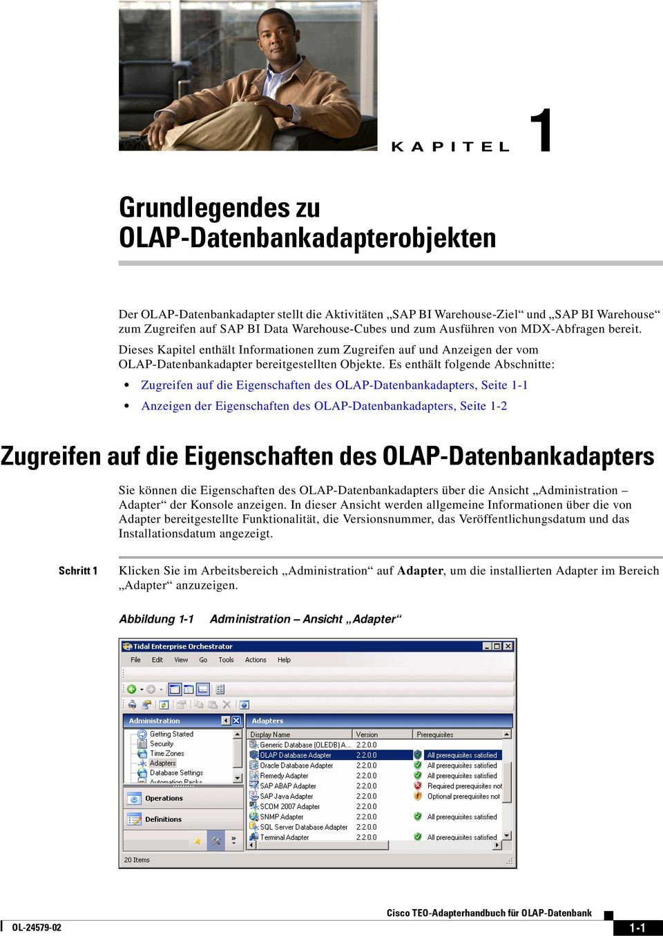 Es enthält folgende Abschnitte: Zugreifen auf die Eigenschaften des OLAP-Datenbankadapters, Seite 1-1 Anzeigen der Eigenschaften des OLAP-Datenbankadapters, Seite 1-2 Zugreifen auf die Eigenschaften