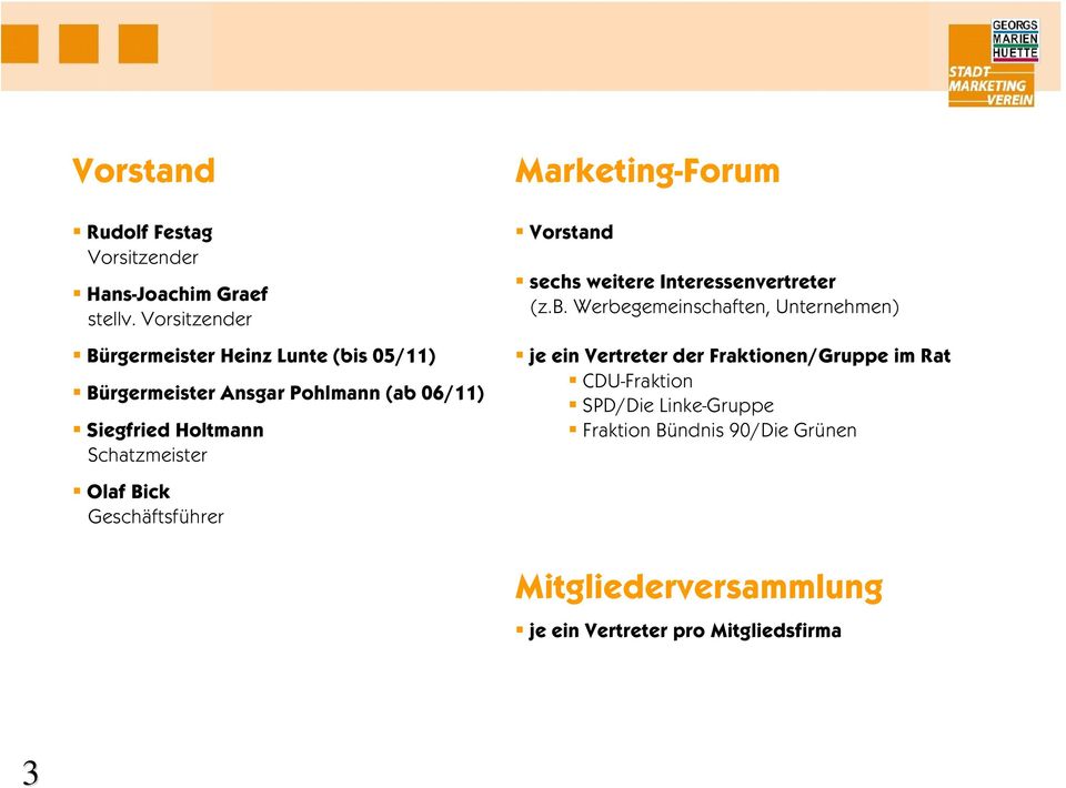 Schatzmeister Olaf Bick Geschäftsführer Marketing-Forum Vorstand sechs weitere Interessenvertreter (z.b.