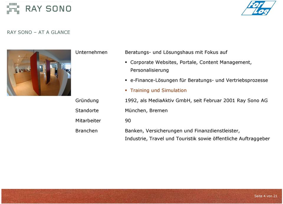 Gründung Standorte 1992, als MediaAktiv GmbH, seit Februar 2001 Ray Sono AG München, Bremen Mitarbeiter 90 Branchen