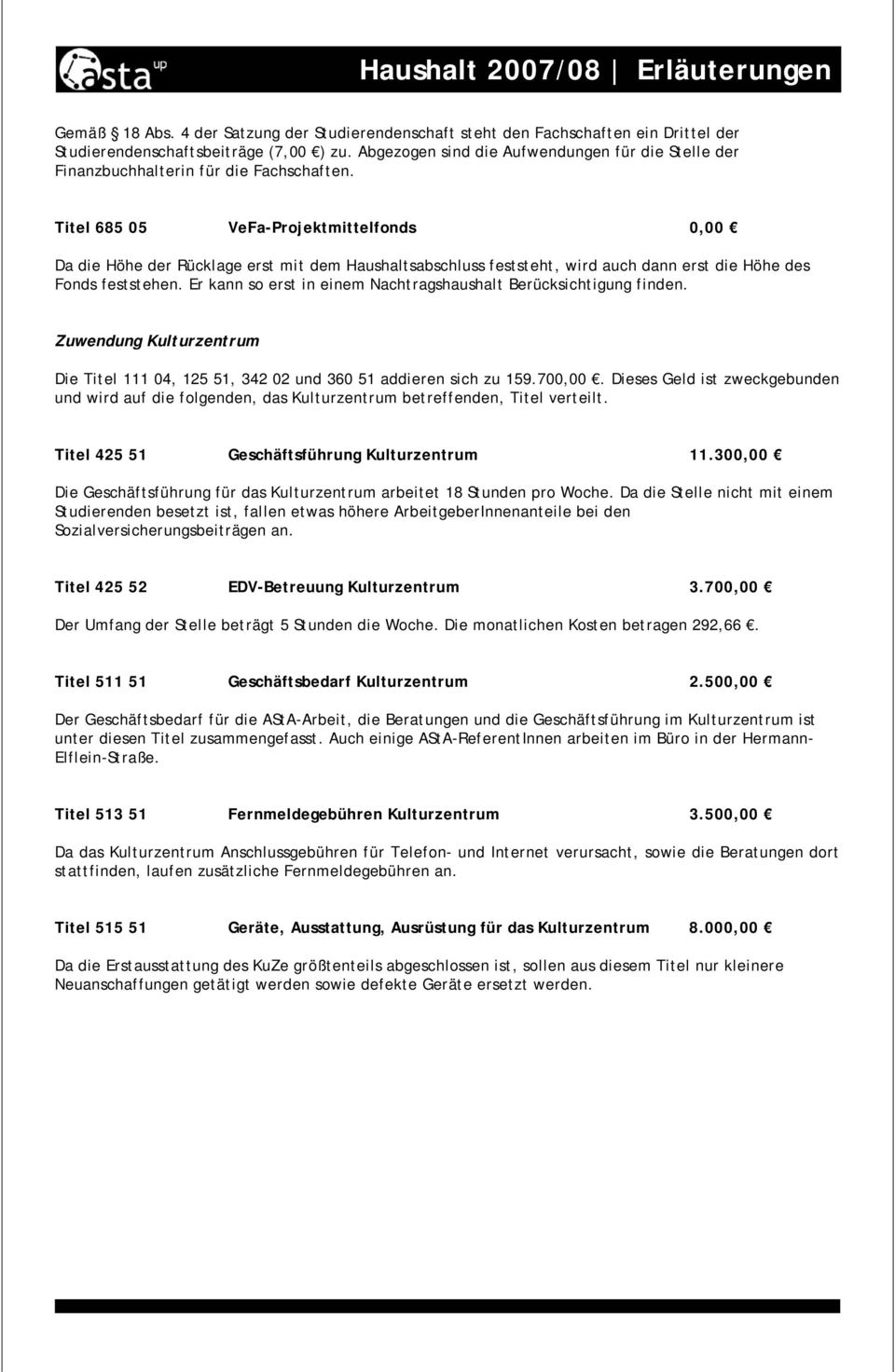 Titel 685 05 VeFa-Projektmittelfonds 0,00 Da die Höhe der Rücklage erst mit dem Haushaltsabschluss feststeht, wird auch dann erst die Höhe des Fonds feststehen.