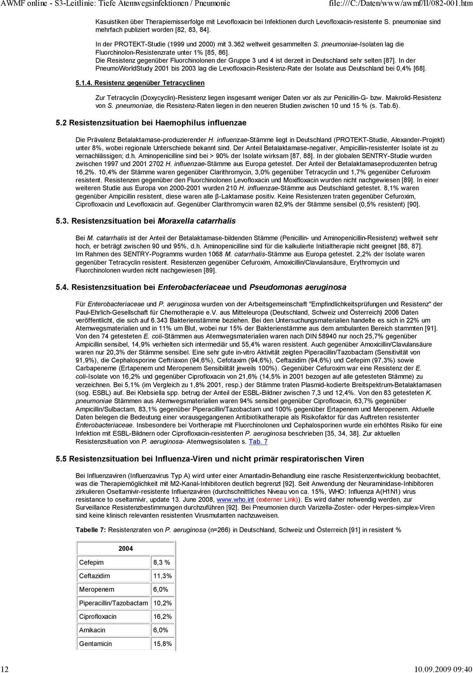 Die Resistenz gegenüber Fluorchinolonen der Gruppe 3 und 4 ist derzeit in Deutschland sehr selten [87].