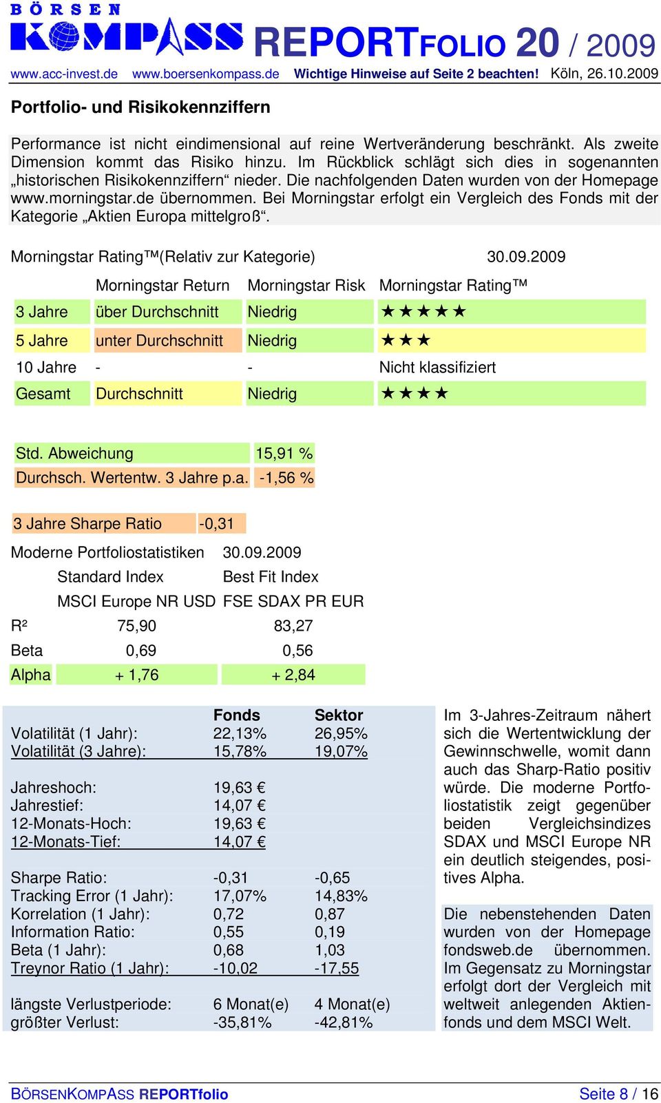 Bei Morningstar erfolgt ein Vergleich des Fonds mit der Kategorie Aktien Europa mittelgroß. Morningstar Rating (Relativ zur Kategorie) 30.09.