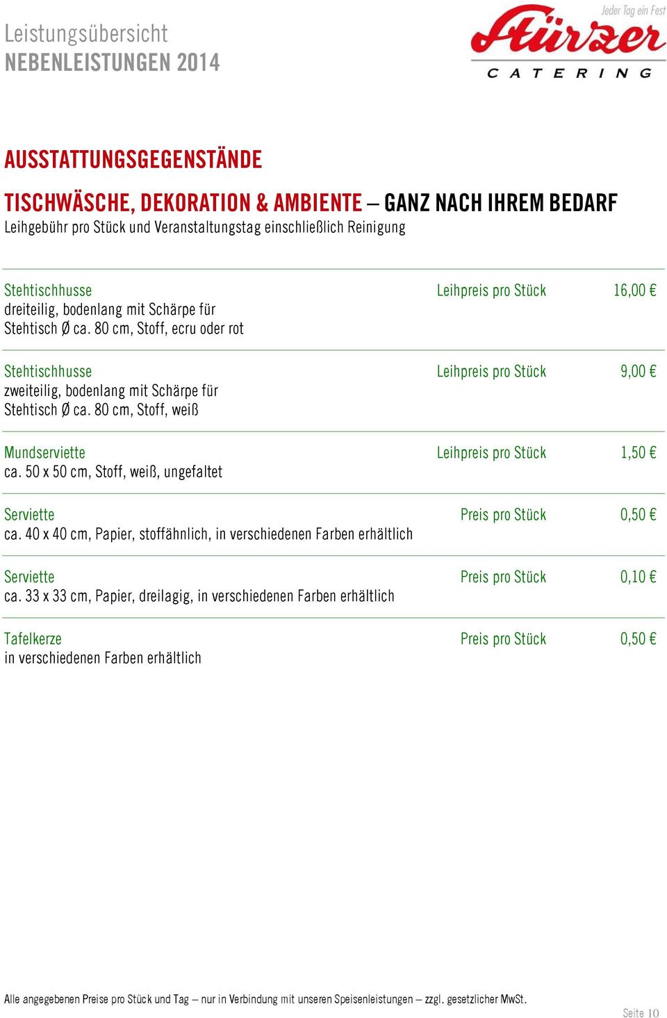 80 cm, Stoff, weiß Mundserviette Leihpreis pro Stück 1,50 ca. 50 x 50 cm, Stoff, weiß, ungefaltet Serviette Preis pro Stück 0,50 ca.