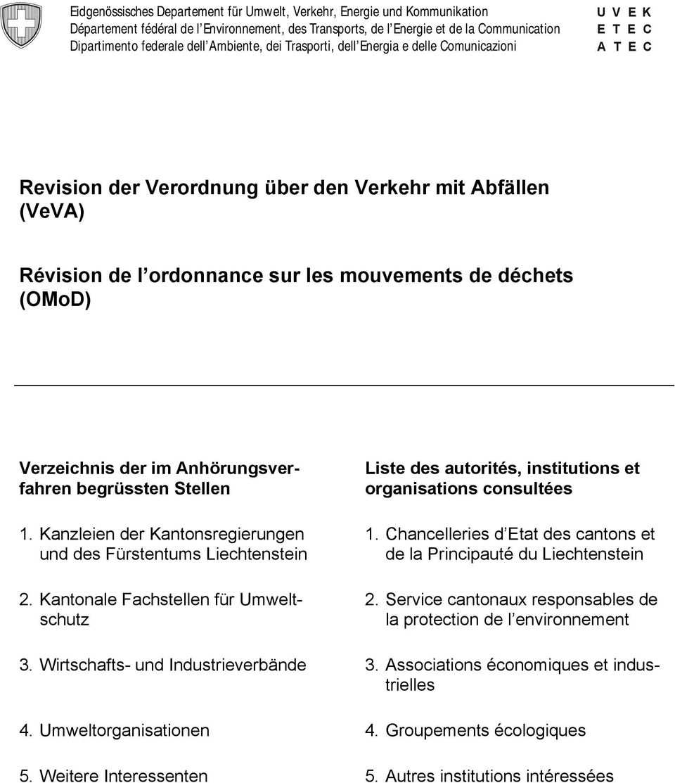 (OMoD) Verzeichnis der im Anhörungsverfahren begrüssten Stellen 1. Kanzleien der Kantonsregierungen und des Fürstentums Liechtenstein 2.