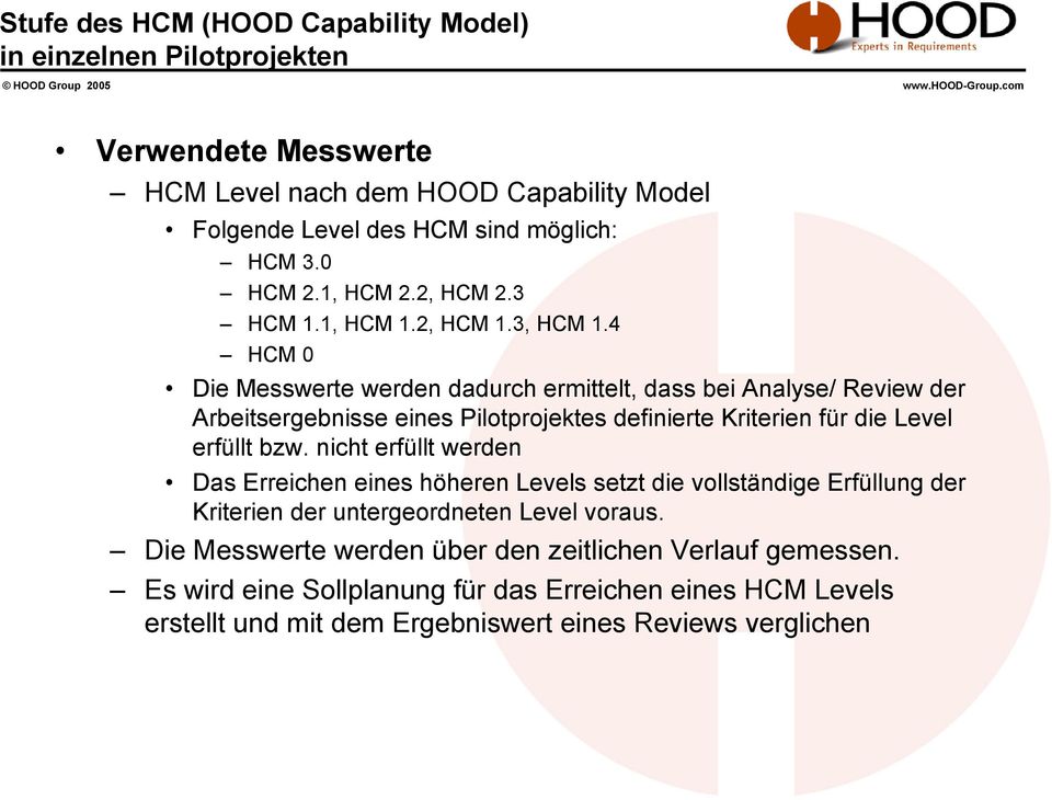 4 HCM 0 Die Messwerte werden dadurch ermittelt, dass bei Analyse/ Review der Arbeitsergebnisse eines Pilotprojektes definierte Kriterien für die Level erfüllt bzw.