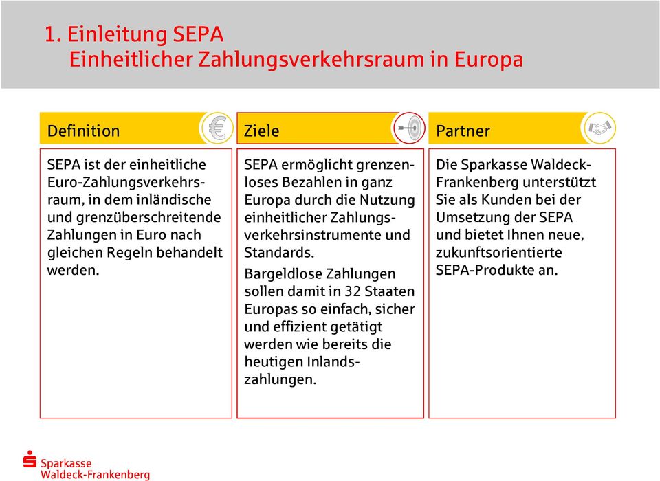 Ziele SEPA ermöglicht grenzenloses Bezahlen in ganz Europa durch die Nutzung einheitlicher Zahlungsverkehrsinstrumente und Standards.