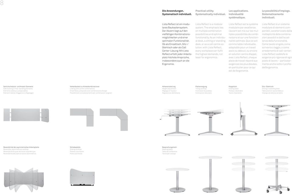 Ob als Einzeltisch, Sitz-/ Stehtisch oder als Call Center-Lösung: Mit Lista Reflect erfüllt jeder Arbeitsplatz höchste Ansprüche, insbesondere auch an die Ergonomie. Lista Reflect is a modular system.