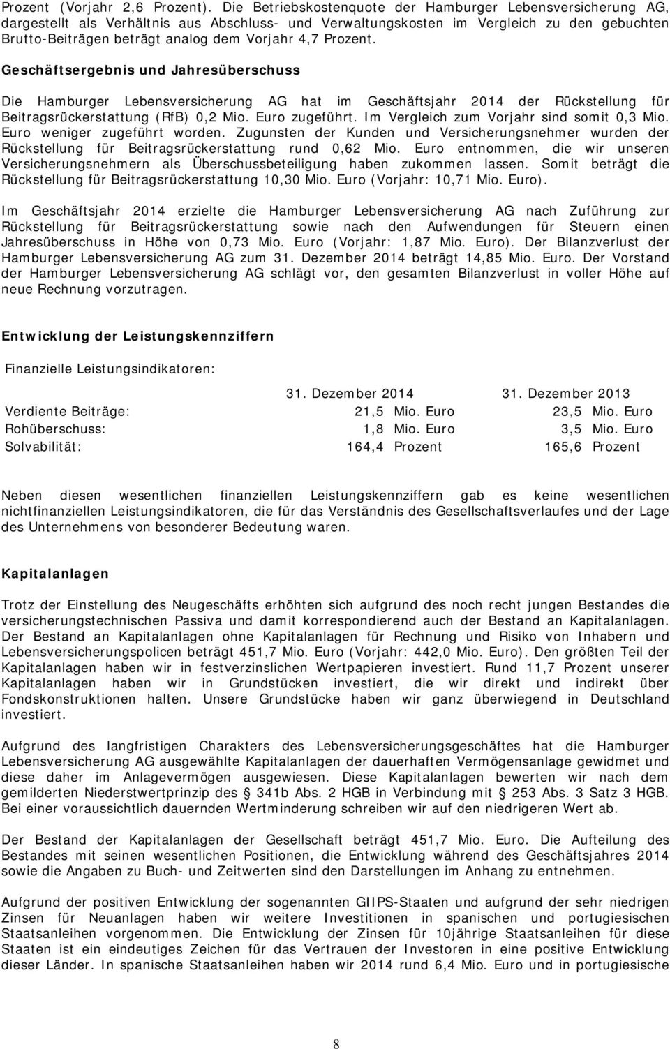 4,7 Prozent. Geschäftsergebnis und Jahresüberschuss Die Hamburger Lebensversicherung AG hat im Geschäftsjahr 2014 der Rückstellung für Beitragsrückerstattung (RfB) 0,2 Mio. Euro zugeführt.