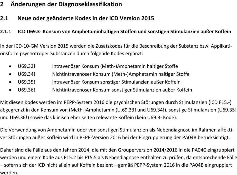 Applikationsform psychotroper Substanzen durch folgende Kodes ergänzt: U69.33! Intravenöser Konsum (Meth-)Amphetamin haltiger Stoffe U69.34!