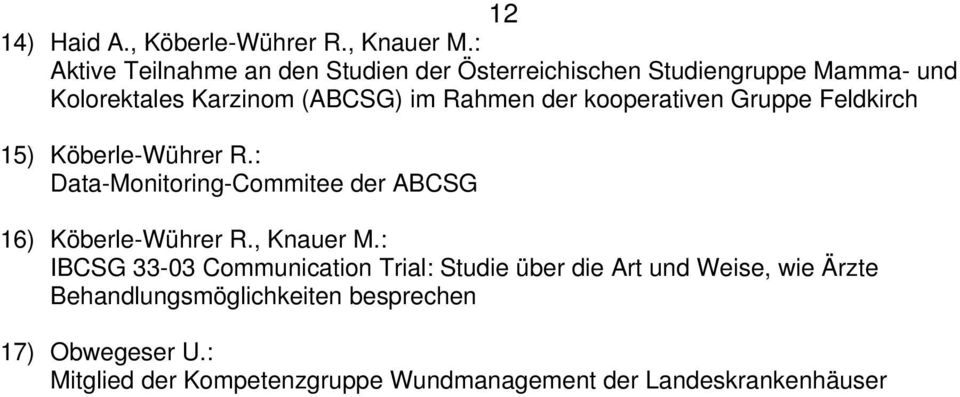 der kooperativen Gruppe Feldkirch 15) Köberle-Wührer R.: Data-Monitoring-Commitee der ABCSG 16) Köberle-Wührer R.