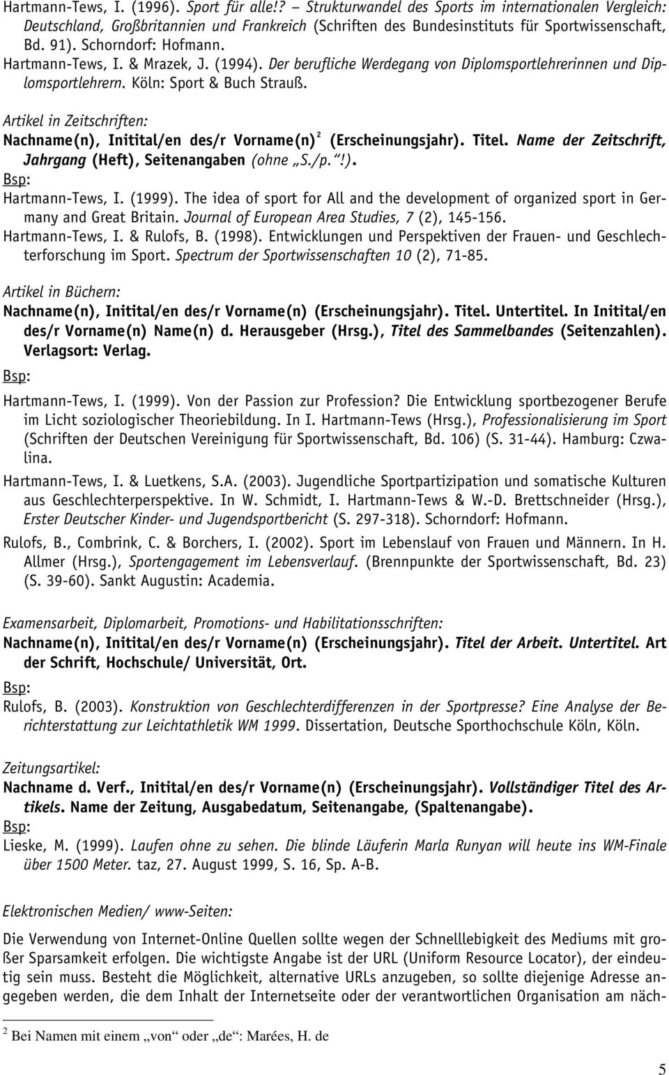 Artikel in Zeitschriften: Nachname(n), Initital/en des/r Vorname(n) 2 (Erscheinungsjahr). Titel. Name der Zeitschrift, Jahrgang (Heft), Seitenangaben (ohne S./p.!). Hartmann-Tews, I. (1999).