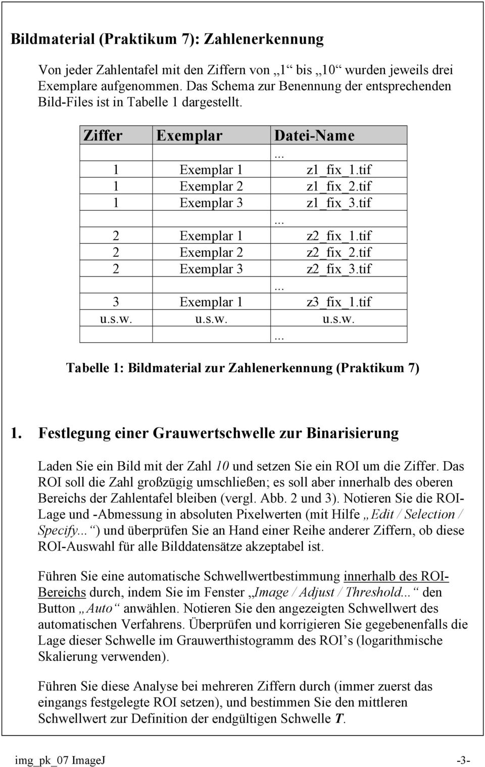 tif 2 Exemplar 2 z2_fix_2.tif 2 Exemplar 3 z2_fix_3.tif... 3 Exemplar 1 z3_fix_1.tif u.s.w. u.s.w. u.s.w.... Tabelle 1: Bildmaterial zur Zahlenerkennung (Praktikum 7) 1.