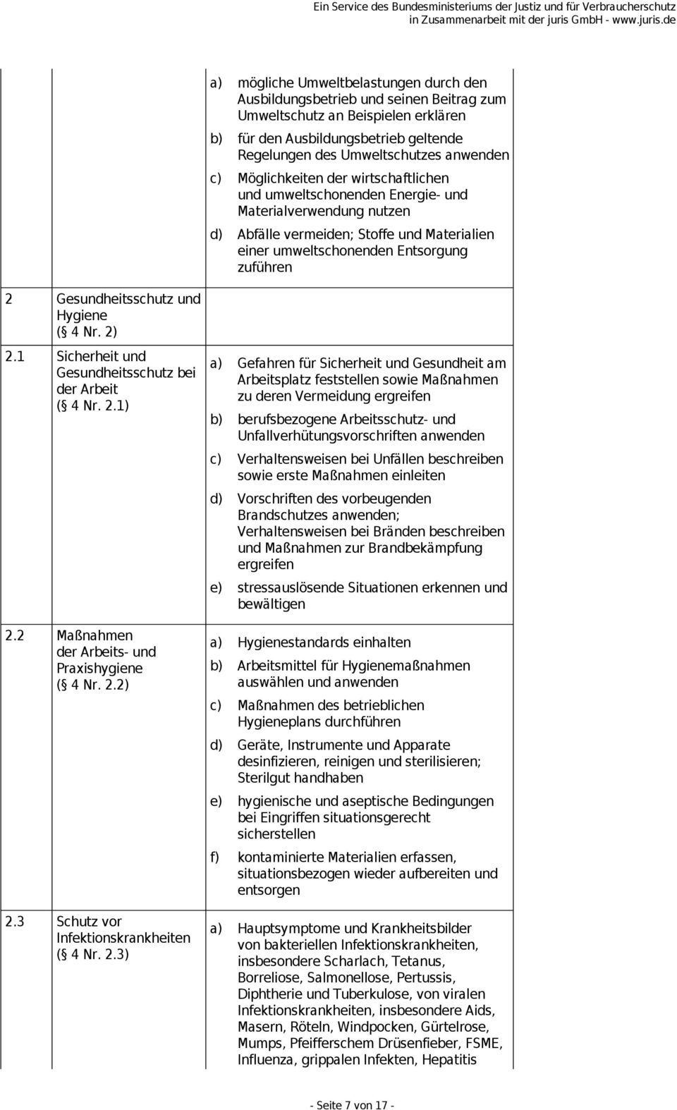 Gesundheitsschutz und Hygiene ( 4 Nr. 2) 2.1 Sicherheit und Gesundheitsschutz bei der Arbeit ( 4 Nr. 2.1) 2.2 Maßnahmen der Arbeits- und Praxishygiene ( 4 Nr. 2.2) 2.3 Schutz vor Infektionskrankheiten ( 4 Nr.