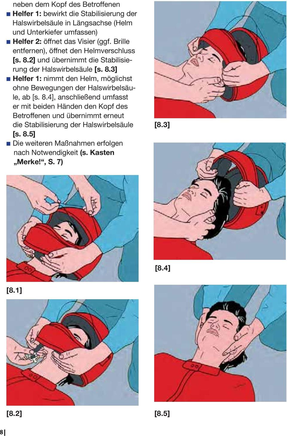 8.4], anschließend umfasst er mit beiden Händen den Kopf des Betroffenen und übernimmt erneut die Stabilisierung der Halswirbelsäule [s. 8.
