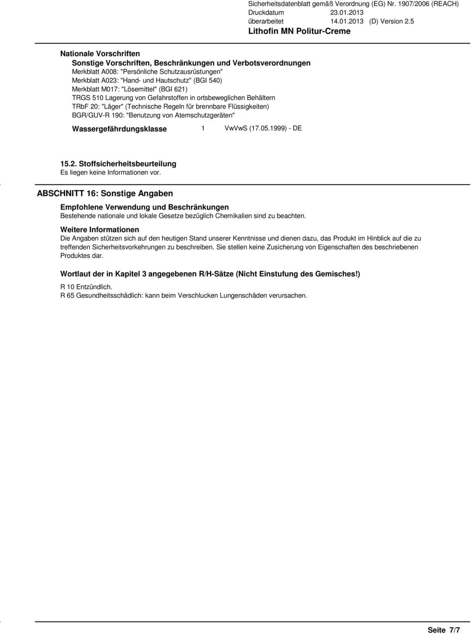 Atemschutzgeräten" Wassergefährdungsklasse 1 VwVwS (17.05.1999) - DE 15.2.