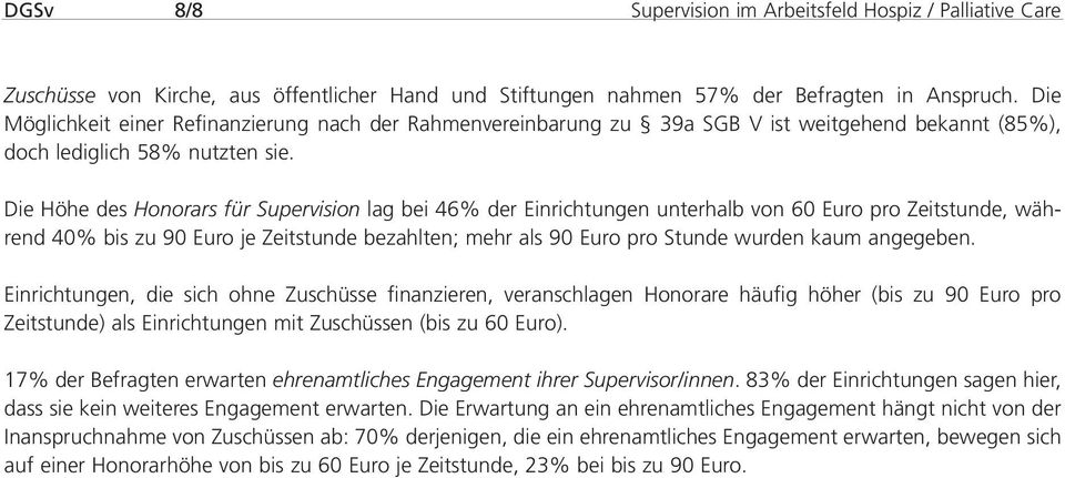 Die Höhe des Honorars für Supervision lag bei 46% der Einrichtungen unterhalb von 60 Euro pro Zeitstunde, während 40% bis zu 90 Euro je Zeitstunde bezahlten; mehr als 90 Euro pro Stunde wurden kaum