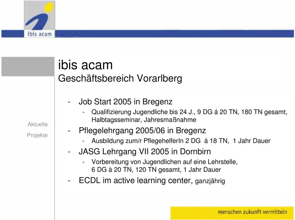 zum/r PflegehelferIn 2 DG á 18 TN, 1 Jahr Dauer - JASG Lehrgang VII 2005 in Dornbirn - Vorbereitung von