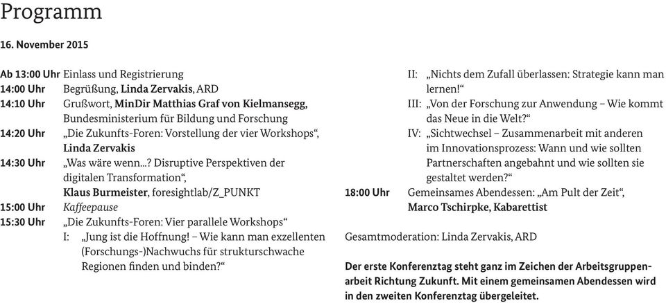 14:20 Uhr Die Zukunfts-Foren: Vorstellung der vier Workshops, Linda Zervakis 14:30 Uhr Was wäre wenn.