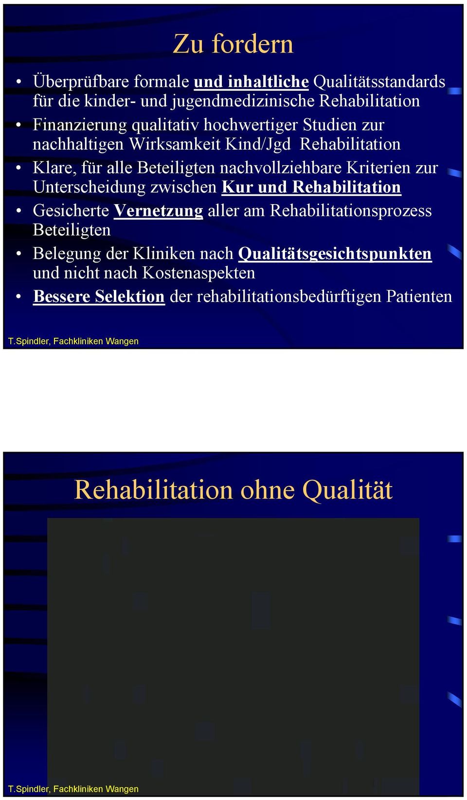 zur Unterscheidung zwischen Kur und Rehabilitation Gesicherte Vernetzung aller am Rehabilitationsprozess Beteiligten Belegung der Kliniken