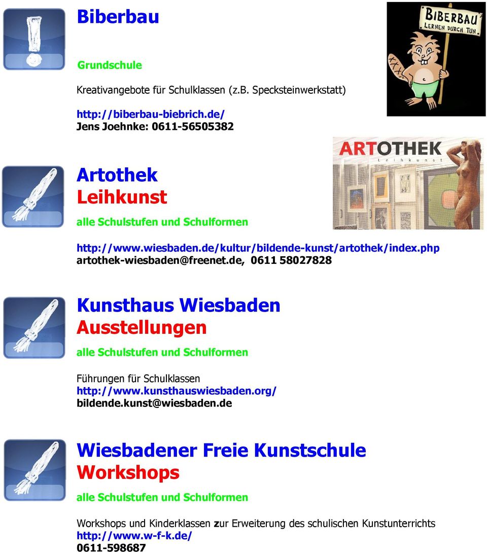 php artothek-wiesbaden@freenet.de, 0611 58027828 Kunsthaus Wiesbaden Ausstellungen Führungen für Schulklassen http://www.