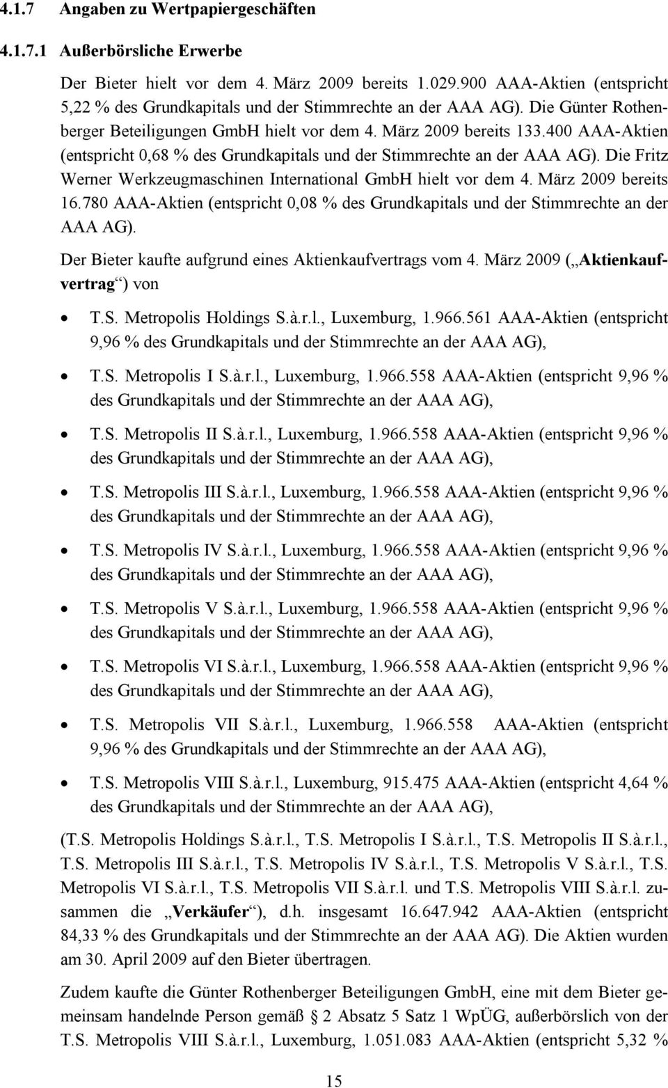 400 AAA-Aktien (entspricht 0,68 % des Grundkapitals und der Stimmrechte an der AAA AG). Die Fritz Werner Werkzeugmaschinen International GmbH hielt vor dem 4. März 2009 bereits 16.