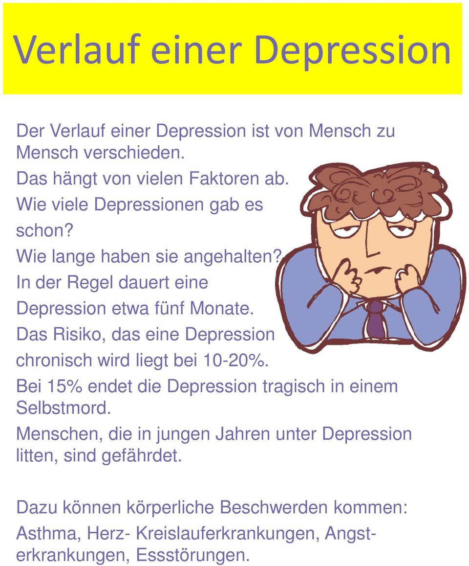 Das Risiko, das eine Depression chronisch wird liegt bei 10-20%. Bei 15% endet die Depression tragisch in einem Selbstmord.