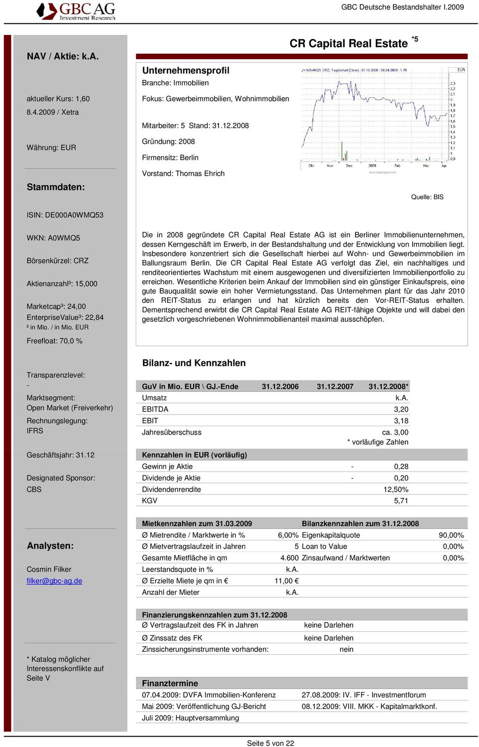 2008 Gründung: 2008 Firmensitz: Berlin Vorstand: Thomas Ehrich CR Capital Real Estate *5 Quelle: BIS WKN: A0WMQ5 Börsenkürzel: CRZ Aktienanzahl³: 15,000 Marketcap³: 24,00 EnterpriseValue³: 22,84 ³ in