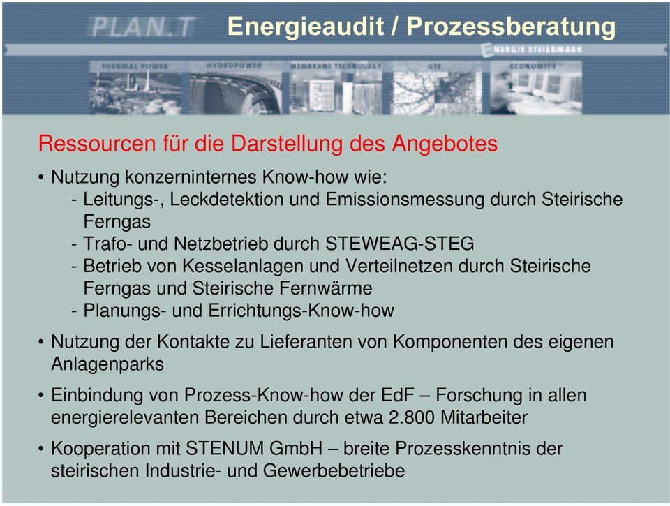 Fernwärme - Planungs- und Errichtungs-Know-how Nutzung der Kontakte zu Lieferanten von Komponenten des eigenen Anlagenparks Einbindung von Prozess-Know-how der