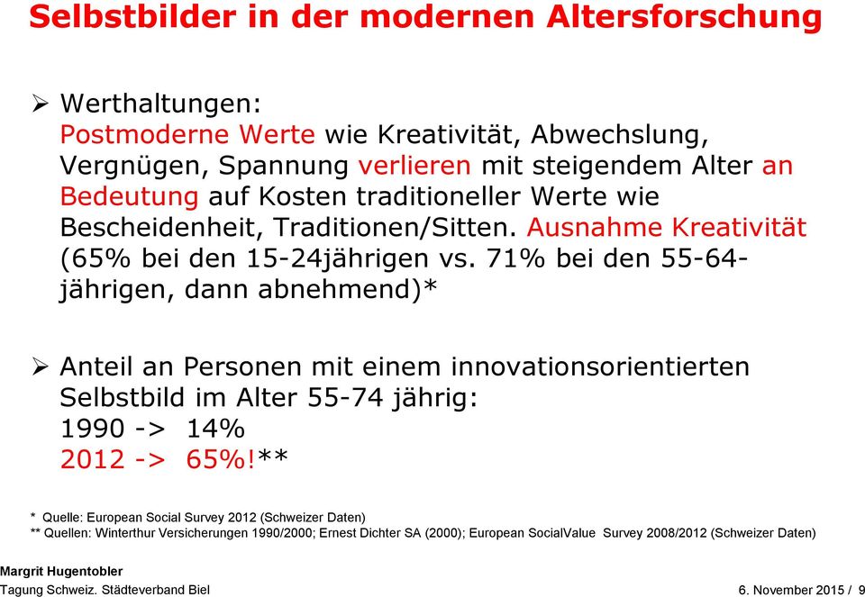 71% bei den 55-64- jährigen, dann abnehmend)* Anteil an Personen mit einem innovationsorientierten Selbstbild im Alter 55-74 jährig: 1990 -> 14% 2012 -> 65%!