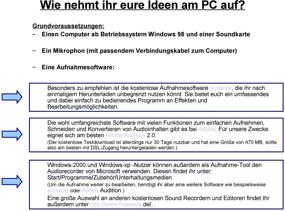 die kostenlose Aufnahmesoftware audacity, die ihr nach einmaligem Herunterladen unbegrenzt nutzen könnt.