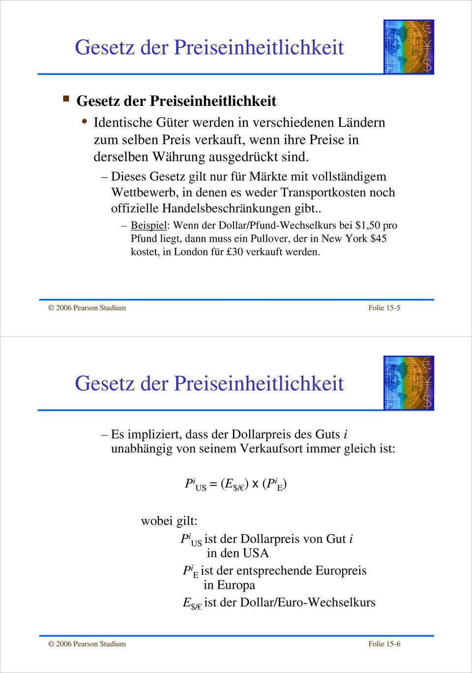 . Beispiel: Wenn der Dollar/Pfund-Wechselkurs bei $1,50 pro Pfund liegt, dann muss ein Pullover, der in New York $45 kostet, in London für 30 verkauft werden.