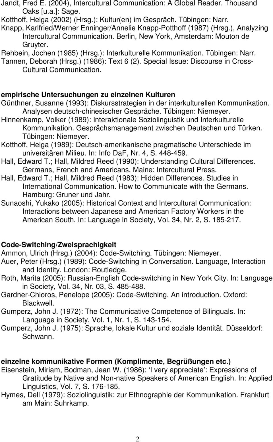 ): Interkulturelle Kommunikation. Tübingen: Narr. Tannen, Deborah (Hrsg.) (1986): Text 6 (2). Special Issue: Discourse in Cross- Cultural Communication.