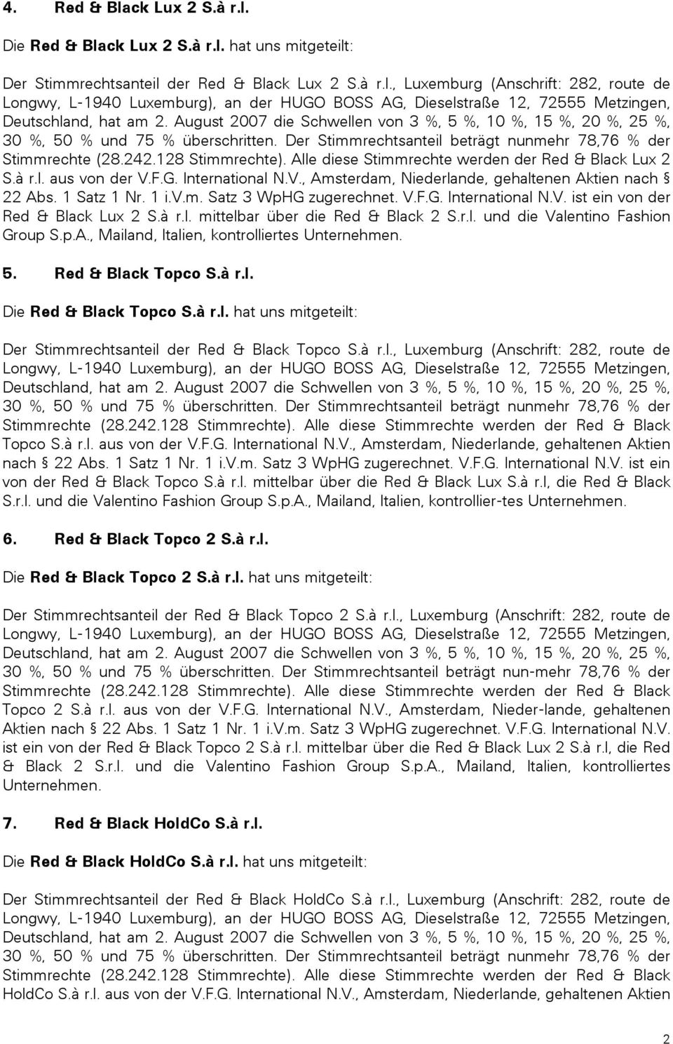 r.l. und die Valentino Fashion Group S.p.A., Mailand, Italien, kontrolliertes 5. Red & Black Topco S.à r.l. Die Red & Black Topco S.à r.l. hat uns mitgeteilt: Der Stimmrechtsanteil der Red & Black Topco S.