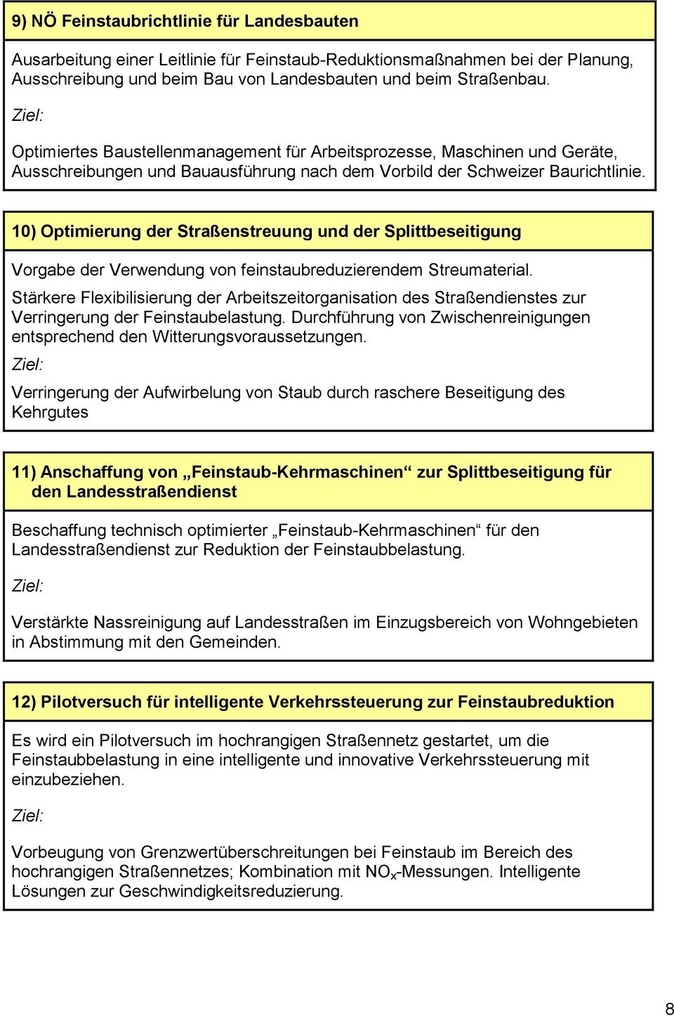 10) Optimierung der Straßenstreuung und der Splittbeseitigung Vorgabe der Verwendung von feinstaubreduzierendem Streumaterial.