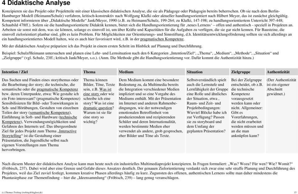 Kompetent informieren über Didaktische Modelle Jank/Meyer, 1990 (z.b. zu Heimann/Schulz, 199-264; zu Klafki, 147-198; zu handlungsorientiertem Unterricht 397-448; Schaubild 478ff.).