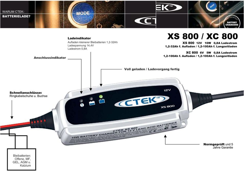 / XC 800 XS 800 12V 10W 0,8A Ladestrom 1,2-32Ah f. Aufladen / 1,2-100Ah f.