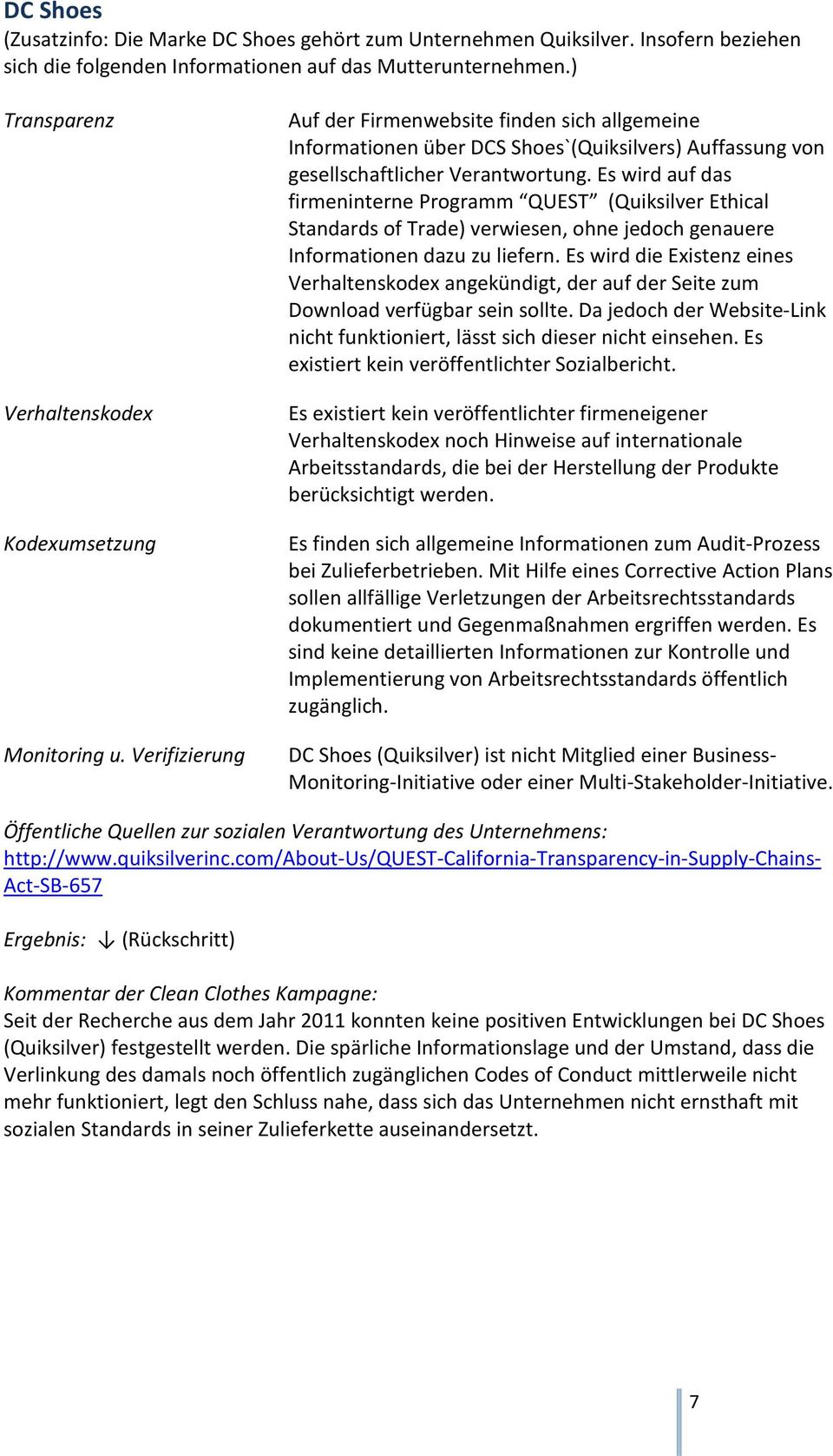 Es wird auf das firmeninterne Programm QUEST (Quiksilver Ethical Standards of Trade) verwiesen, ohne jedoch genauere Informationen dazu zu liefern.