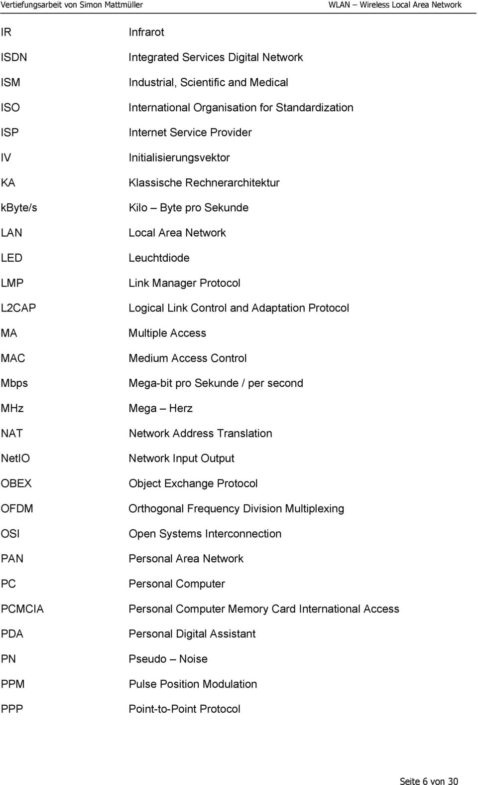 Protocol Logical Link Control and Adaptation Protocol Multiple Access Medium Access Control Mega-bit pro Sekunde / per second Mega Herz Network Address Translation Network Input Output Object