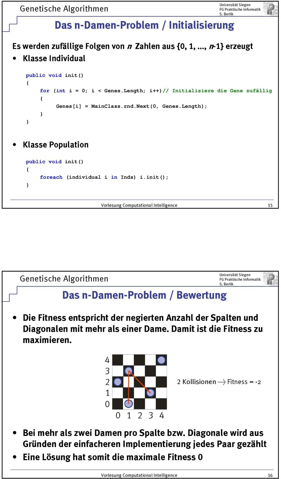 init(); Vorlesung Computational Intelligence 5 Das n-damen-problem / Bewertung Die Fitness entspricht der negierten Anzahl der Spalten und Diagonalen mit mehr als einer Dame.