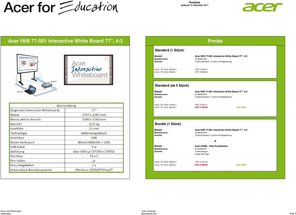 00 Standard (ab 5 Stück) Modell: Acer IWB 77-S01 Interactive White Board 77'', 4:3 Bestellnummer: JZ.JBG00.003 Garantie: 2 Jahre Standard + 3 Jahre mit Registrierung empf. VP (exkl. MwSt.): CHF 2'036.