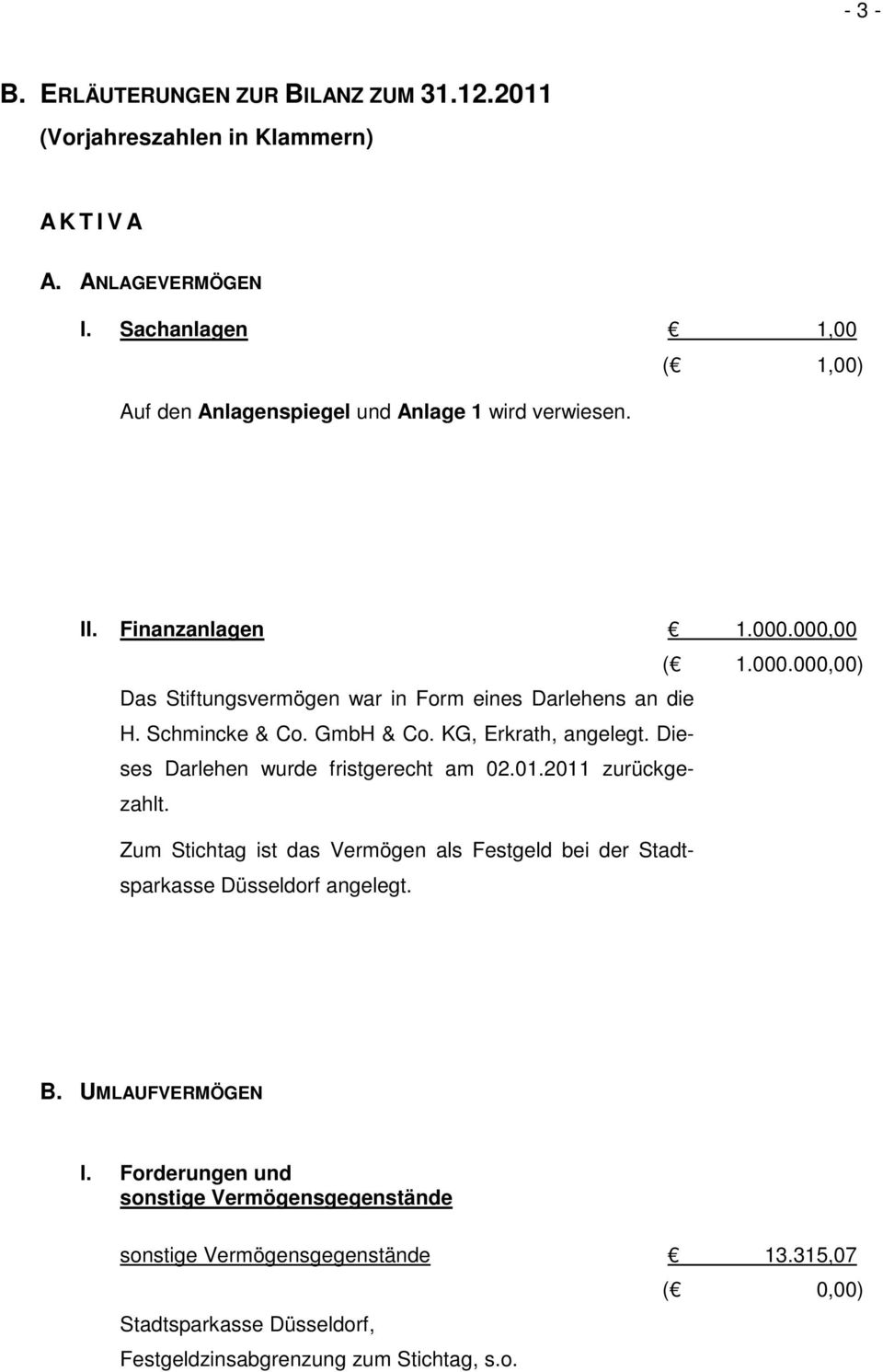 Schmincke & Co. GmbH & Co. KG, Erkrath, angelegt. Dieses Darlehen wurde fristgerecht am 02.01.2011 zurückgezahlt.