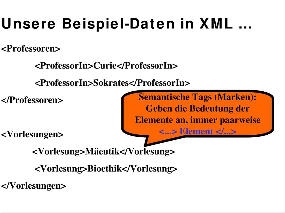 <ProfessorIn>Sokrates</ProfessorIn> </Professoren> Semantische Tags (Marken):