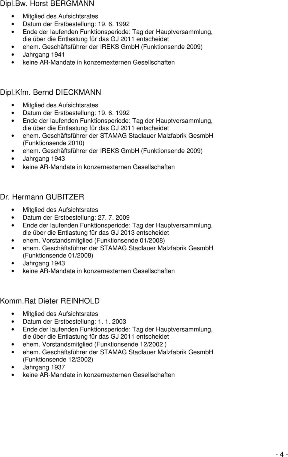 Geschäftsführer der IREKS GmbH (Funktionsende 2009) Jahrgang 1943 Dr. Hermann GUBITZER Datum der Erstbestellung: 27. 7. 2009 die über die Entlastung für das GJ 2013 entscheidet ehem.
