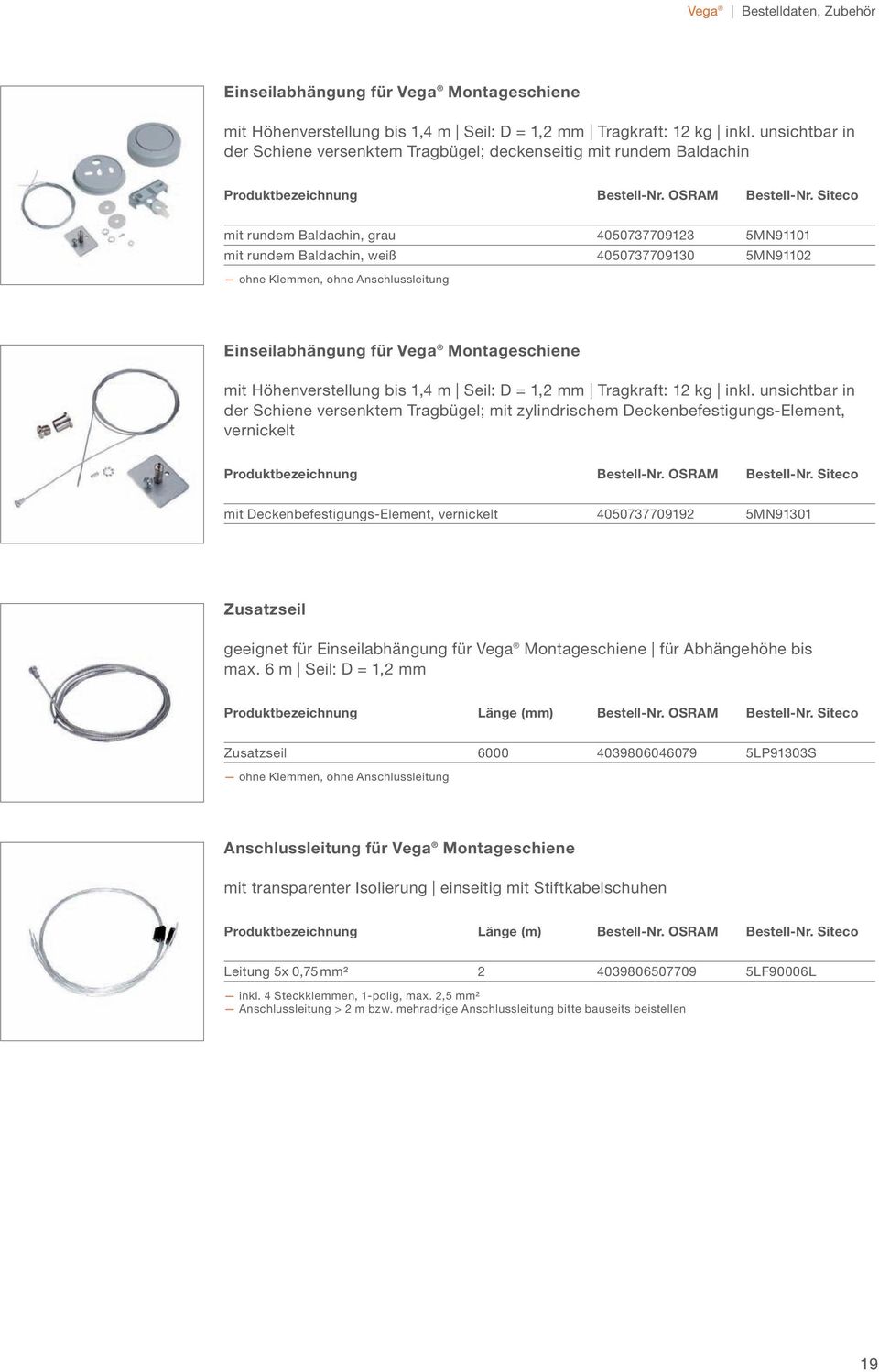 Siteco mit rundem Baldachin, grau 4050737709123 5MN91101 mit rundem Baldachin, weiß 4050737709130 5MN91102 ohne Klemmen, ohne Anschlussleitung Einseilabhängung für Vega Montageschiene mit