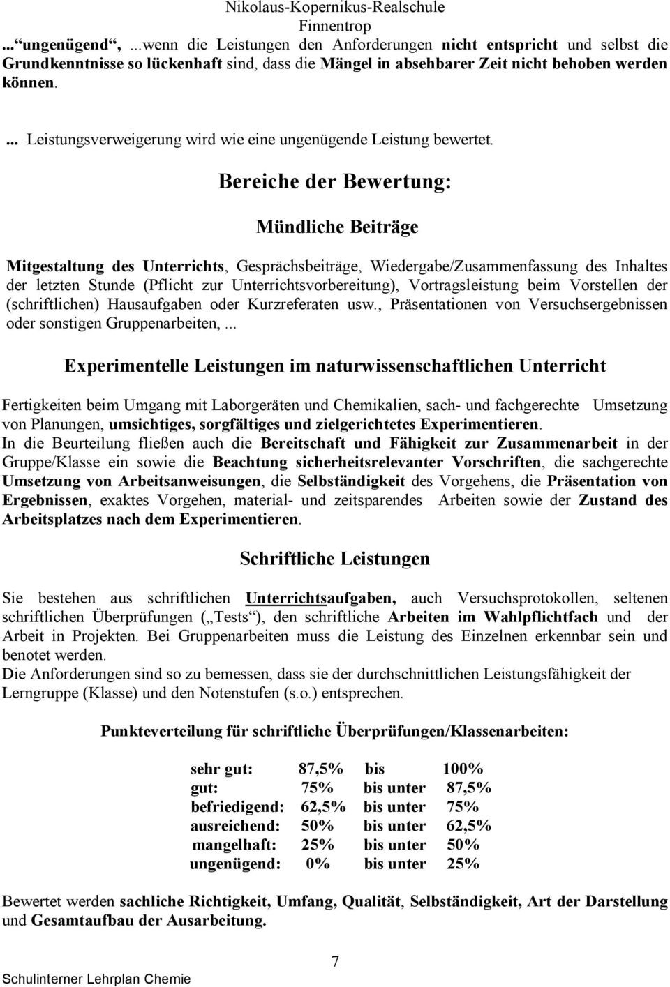 Bereiche der Bewertung: Mündliche Beiträge Mitgestaltung des Unterrichts, Gesprächsbeiträge, Wiedergabe/Zusammenfassung des Inhaltes der letzten Stunde (Pflicht zur Unterrichtsvorbereitung),