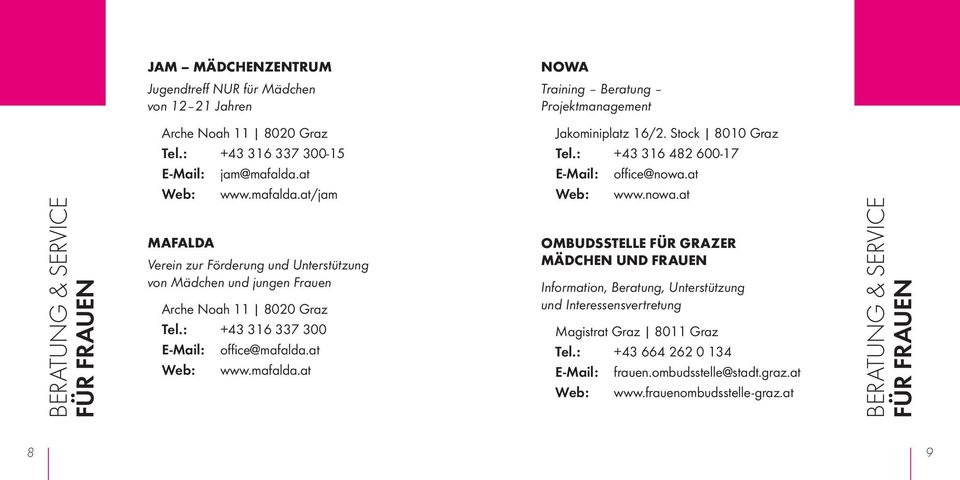 at Web: www.mafalda.at Jakominiplatz 16/2. Stock 8010 Graz Tel.: +43 316 482 600-17 E-Mail: office@nowa.